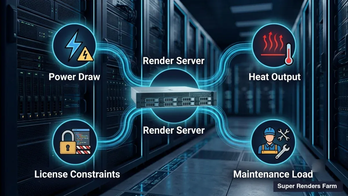 Illustration of an in-house render server showing the hidden costs — power draw, heat output, license constraints, and maintenance load
