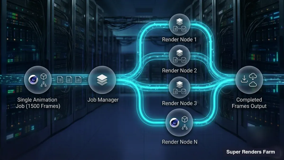 Diagram of a single 1,500-frame walkthrough job distributed across many render nodes in parallel