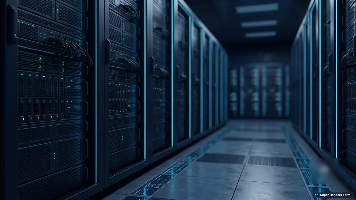 Side-by-side comparison header showing the RebusFarm, GarageFarm, and Fox Renderfarm logos above a neutral render-farm rack illustration