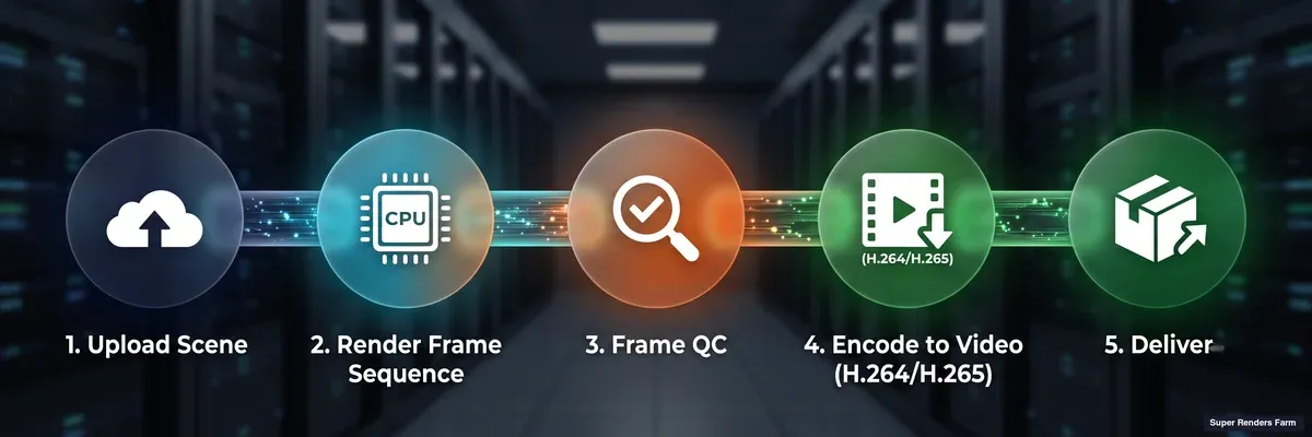 Video rendering pipeline'ı: sahne yükleme, kare dizisi rendering, kare QC, H.264/H.265 encode, teslim