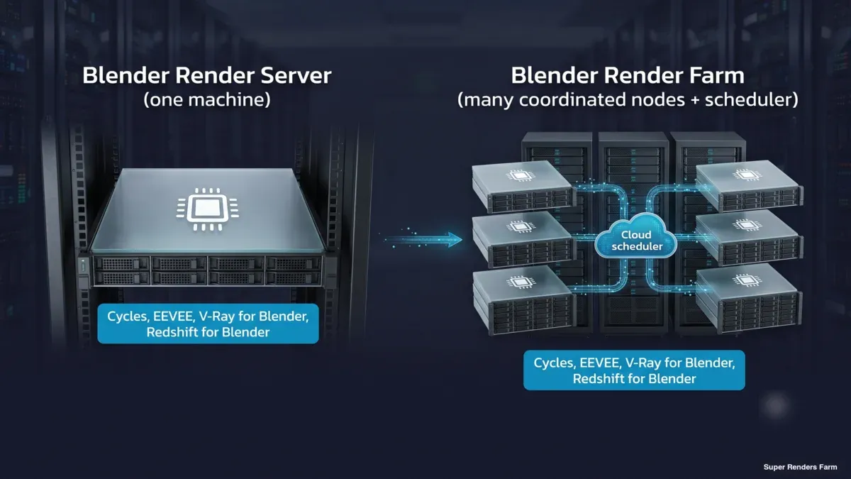 Single Blender render server on one machine versus a distributed Blender render farm with many coordinated nodes and a cloud scheduler, both labelled Cycles, EEVEE, V-Ray for Blender and Redshift for Blender
