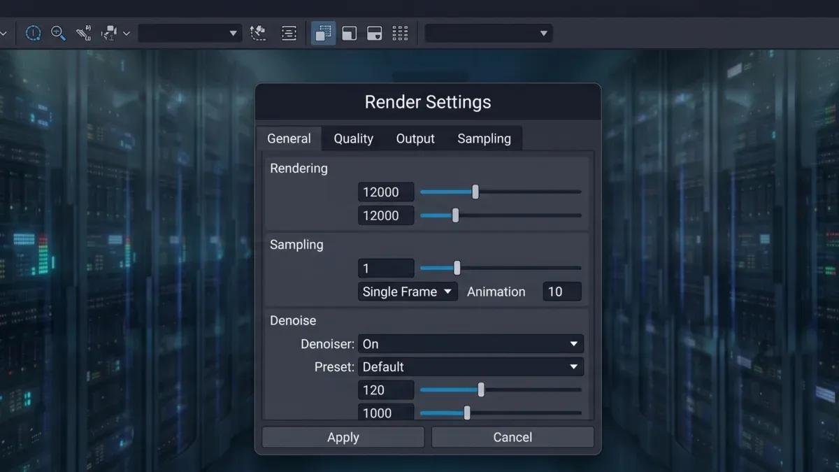 3D DCC 애플리케이션 내부의 렌더 엔진 플러그인 설정 패널로, RenderMan for Maya 스타일 워크플로에서 일반적인 샘플링 및 인테그레이터 제어를 보여줍니다.