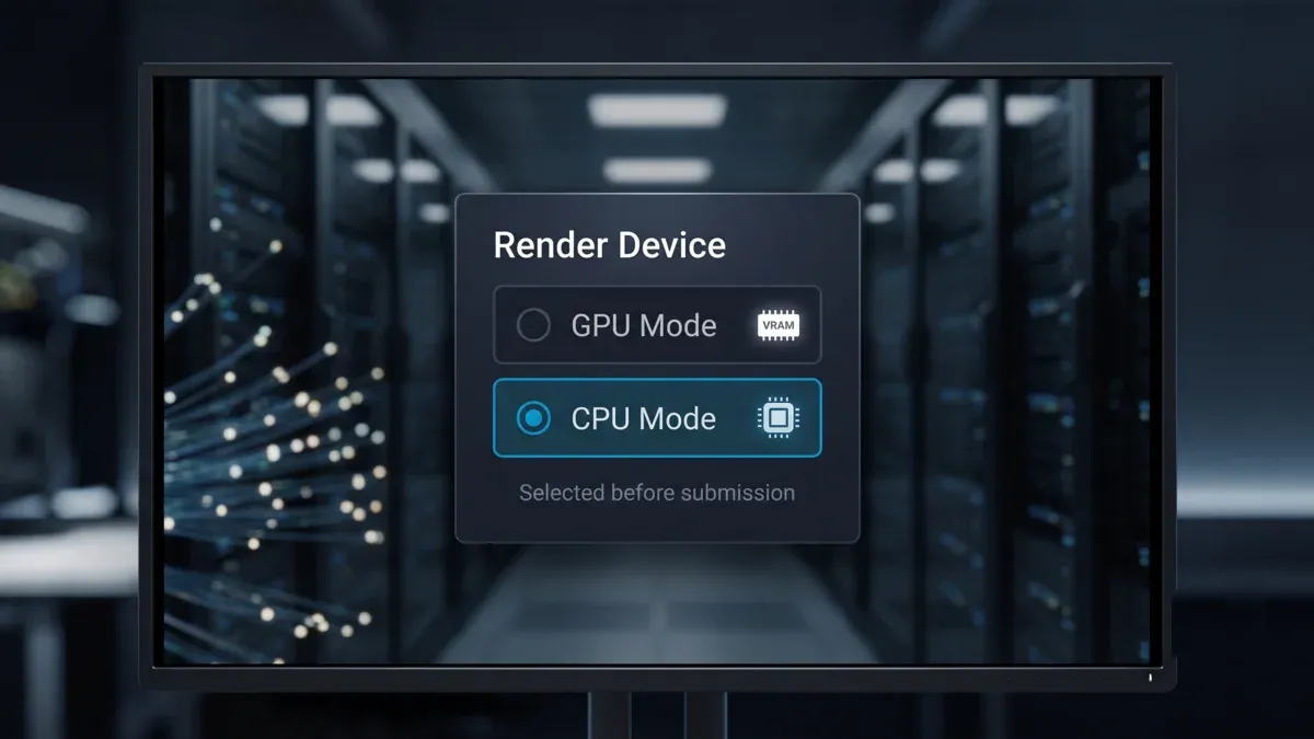 GPU와 CPU 렌더링 변형을 별도로 보여주는 렌더 모드 선택기로, GPU 가속 경로와 CPU 전용 경로 사이에서 제출 시점에 내리는 선택을 보여줍니다.