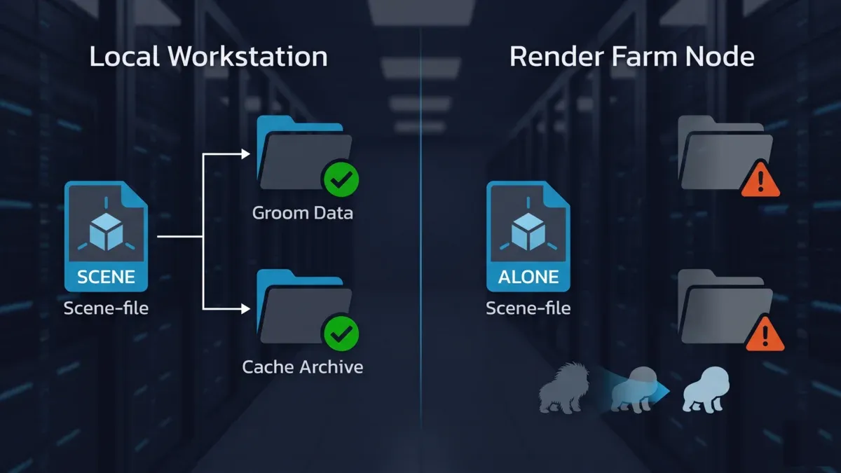Groom ve önbellek verilerinin yerel bir workstation'da doğru şekilde çözümlendiğini ancak bir render farm node'unda eksik olduğunu, bunun da render'dan saç veya tüyün kaybolmasına yol açtığını gösteren diyagram.
