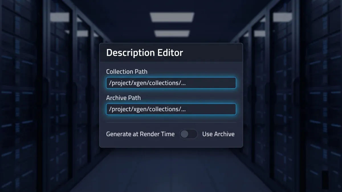 Collection ve archive yol alanlarını vurgulayan genel bir description editörü tarzı panel; XGen groom veri referanslarının ana sahne dosyasının dışında nerede bulunduğunu gösterir.