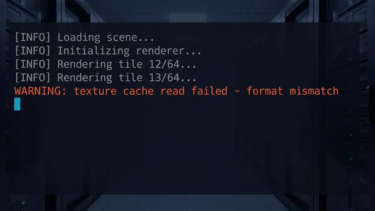 Uyarı seviyesinde bir doku okuma hatası gösteren render log konsolu mockup'ı; bayat veya uyuşmazlık içeren bir .tx önbelleğinin bir render node'unda ürettiği mesaj türünü gösterir.