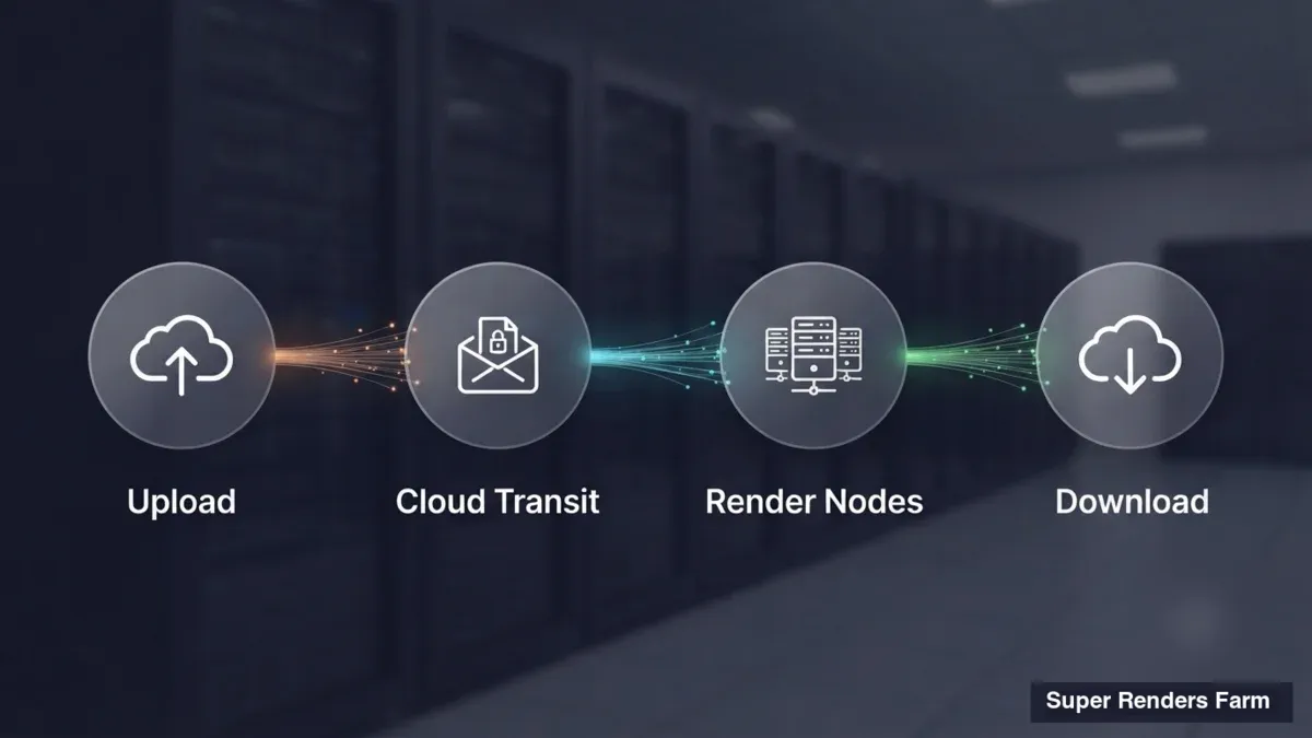 Diagramma del percorso dei dati del caso: caricamento, transito cloud, nodi di rendering, download dell'output