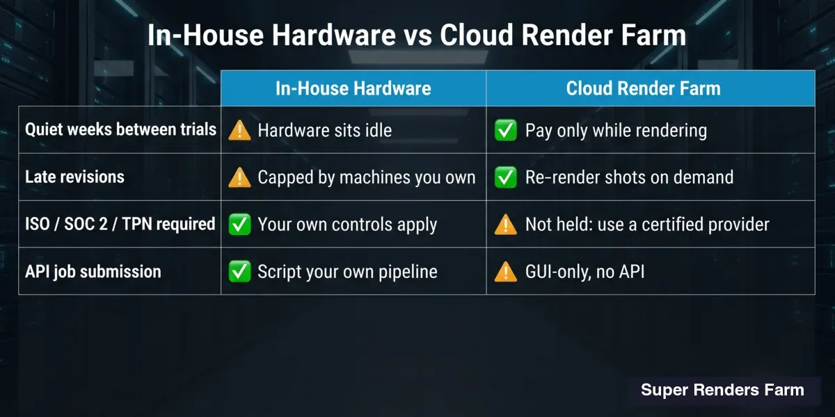 Infografica di confronto: hardware interno contro una render farm cloud per studi di litigation-support, con settimane tranquille tra i processi, revisioni dell'ultimo minuto, requisiti ISO, SOC 2 o TPN e invio dei job tramite API.