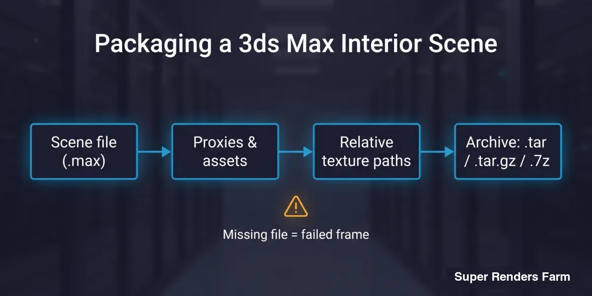 3ds Max 인테리어 씬 패키징 다이어그램: 씬 파일, 프록시와 에셋, 상대 텍스처 경로, .tar/.tar.gz/.7z 아카이브, 그리고 실패한 프레임의 원인으로 표시된 누락 파일