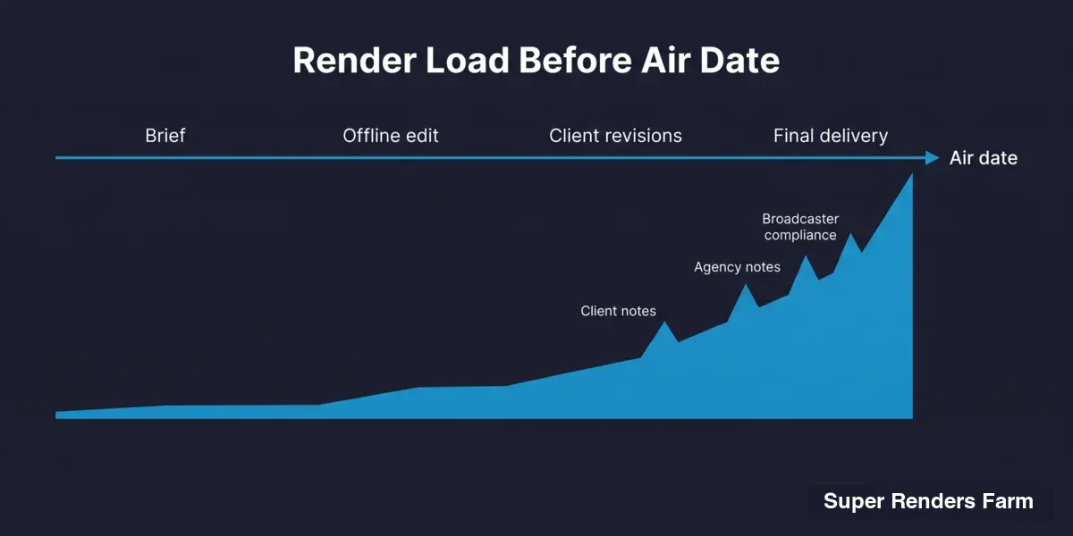 Area chart of render load rising sharply before a TV commercial's air date, with peaks marked for client notes, agency notes, and broadcaster compliance.