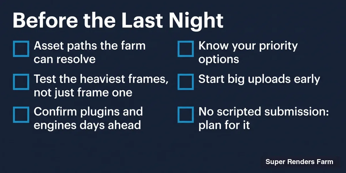 Checklist titled Before the Last Night: asset paths the farm can resolve, test the heaviest frames, confirm plugins and engines days ahead, know your priority options, start big uploads early, and plan for having no scripted submission.