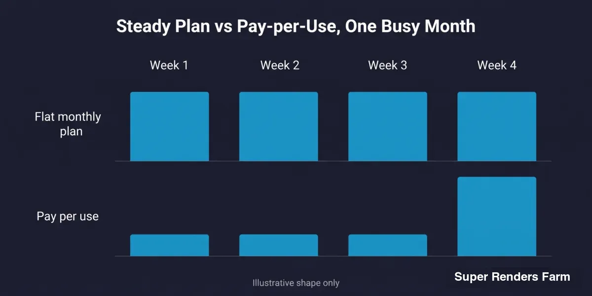 Illustrative bar chart: a flat monthly plan costs the same every week, while pay-per-use billing stays low for three quiet weeks and rises in the busy fourth week.